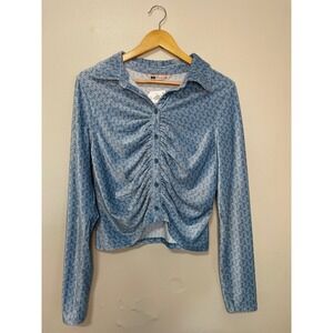 Blue Velvet Button Down Ruched Long Sleeve
